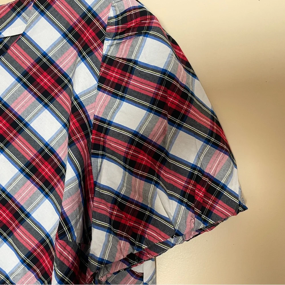 J. Crew Stewart Plaid Tartan Top Blouse Shirt XL Short Puff Sleeve BV626 Office